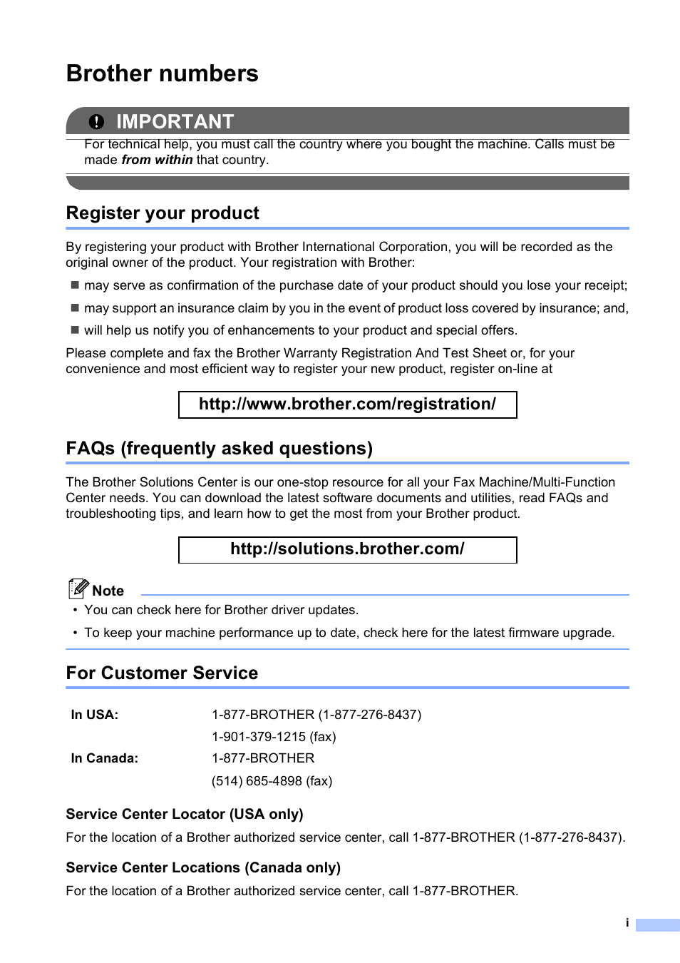 Brother numbers, Register your product, Faqs (frequently asked questions) | For customer service, Important | Brother Fax Machine/Multi-Function Center MFC-J280W User Manual | Page 3 / 150