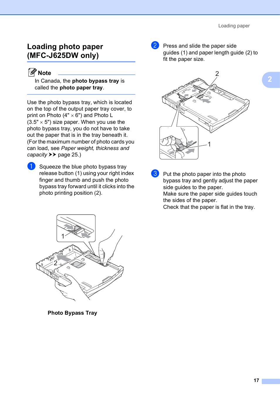 Loading photo paper (mfc-j625dw only), 2loading photo paper (mfc-j625dw only) | Brother Fax Machine/Multi-Function Center MFC-J280W User Manual | Page 31 / 150