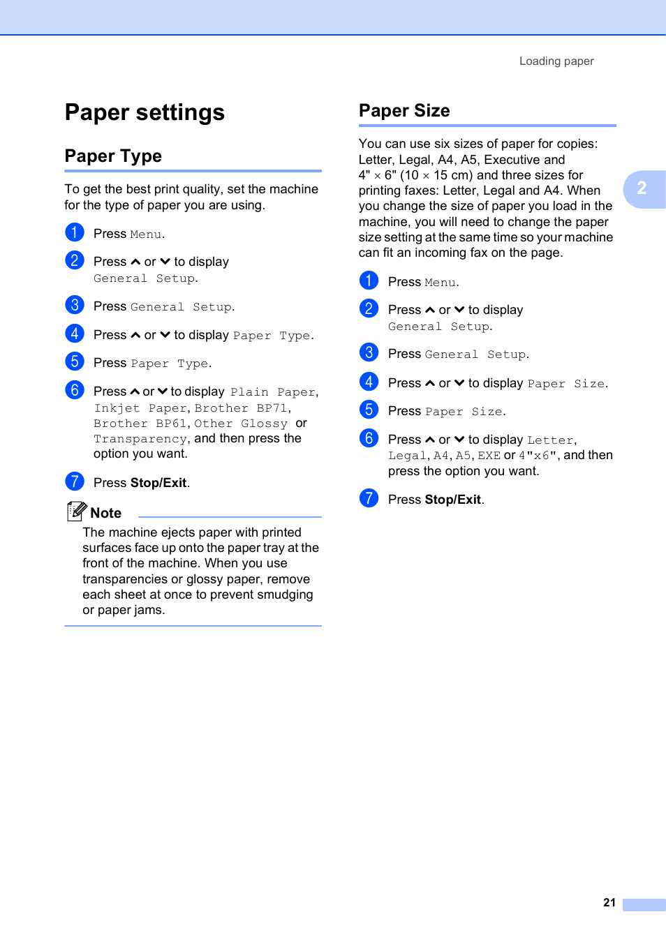 Paper settings, Paper type, Paper size | Paper type paper size | Brother Fax Machine/Multi-Function Center MFC-J280W User Manual | Page 35 / 150