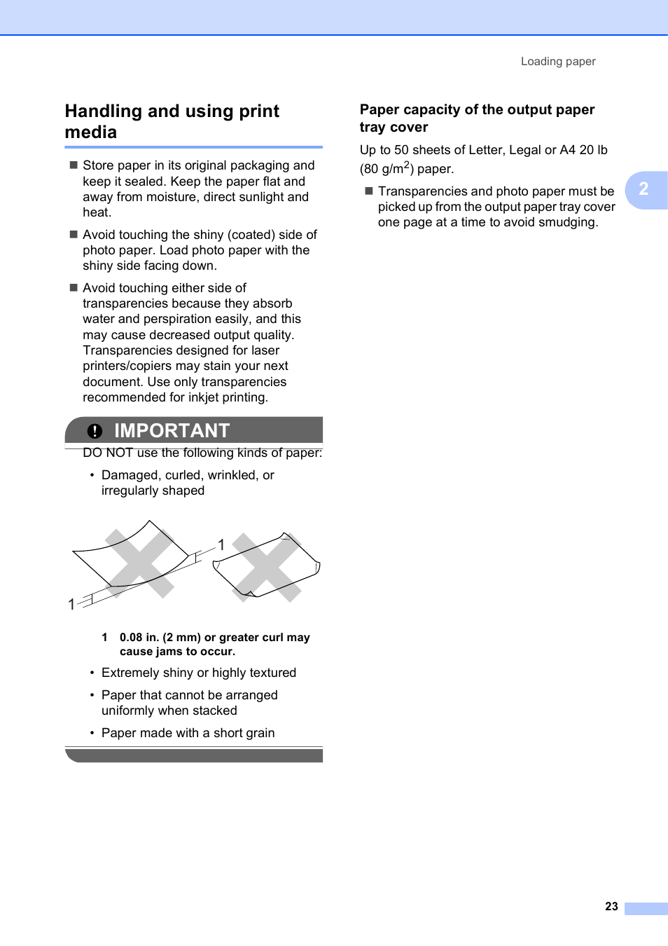 Handling and using print media, Paper capacity of the output paper tray cover, Important | 2handling and using print media | Brother Fax Machine/Multi-Function Center MFC-J280W User Manual | Page 37 / 150