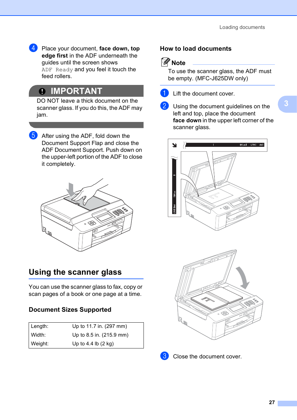 Using the scanner glass, Document sizes supported, How to load documents | Important | Brother Fax Machine/Multi-Function Center MFC-J280W User Manual | Page 41 / 150