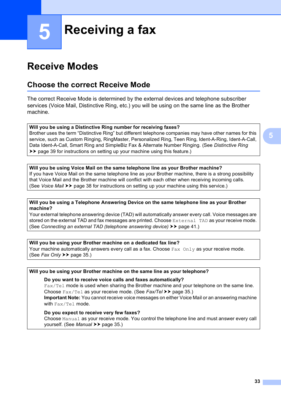 5 receiving a fax, Receive modes, Choose the correct receive mode | Receiving a fax | Brother Fax Machine/Multi-Function Center MFC-J280W User Manual | Page 47 / 150