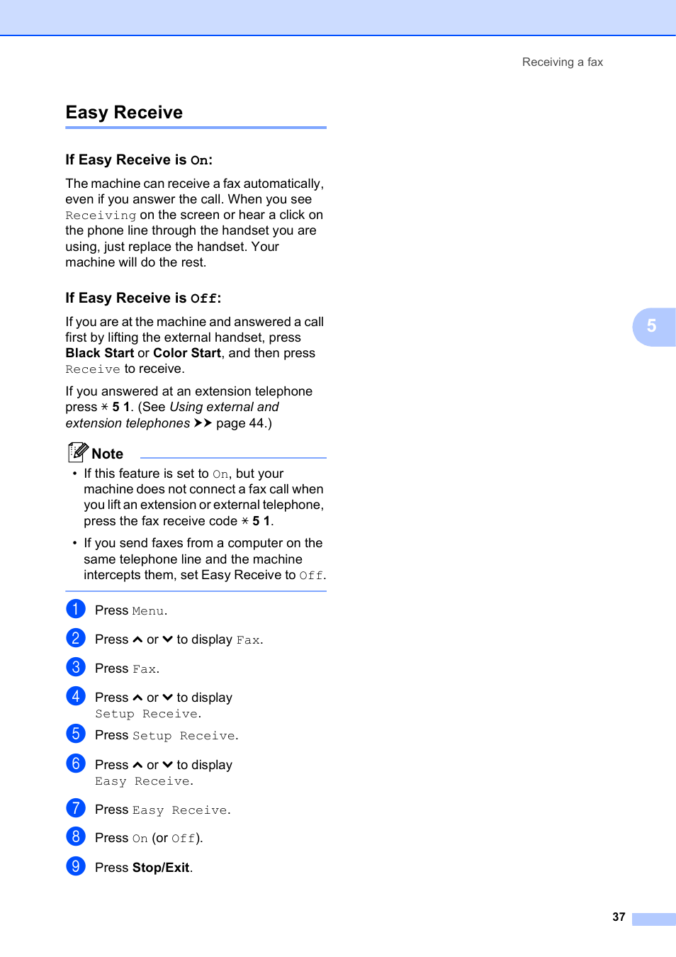 Easy receive, If easy receive is on, If easy receive is off | Easy receive uu, 5easy receive | Brother Fax Machine/Multi-Function Center MFC-J280W User Manual | Page 51 / 150
