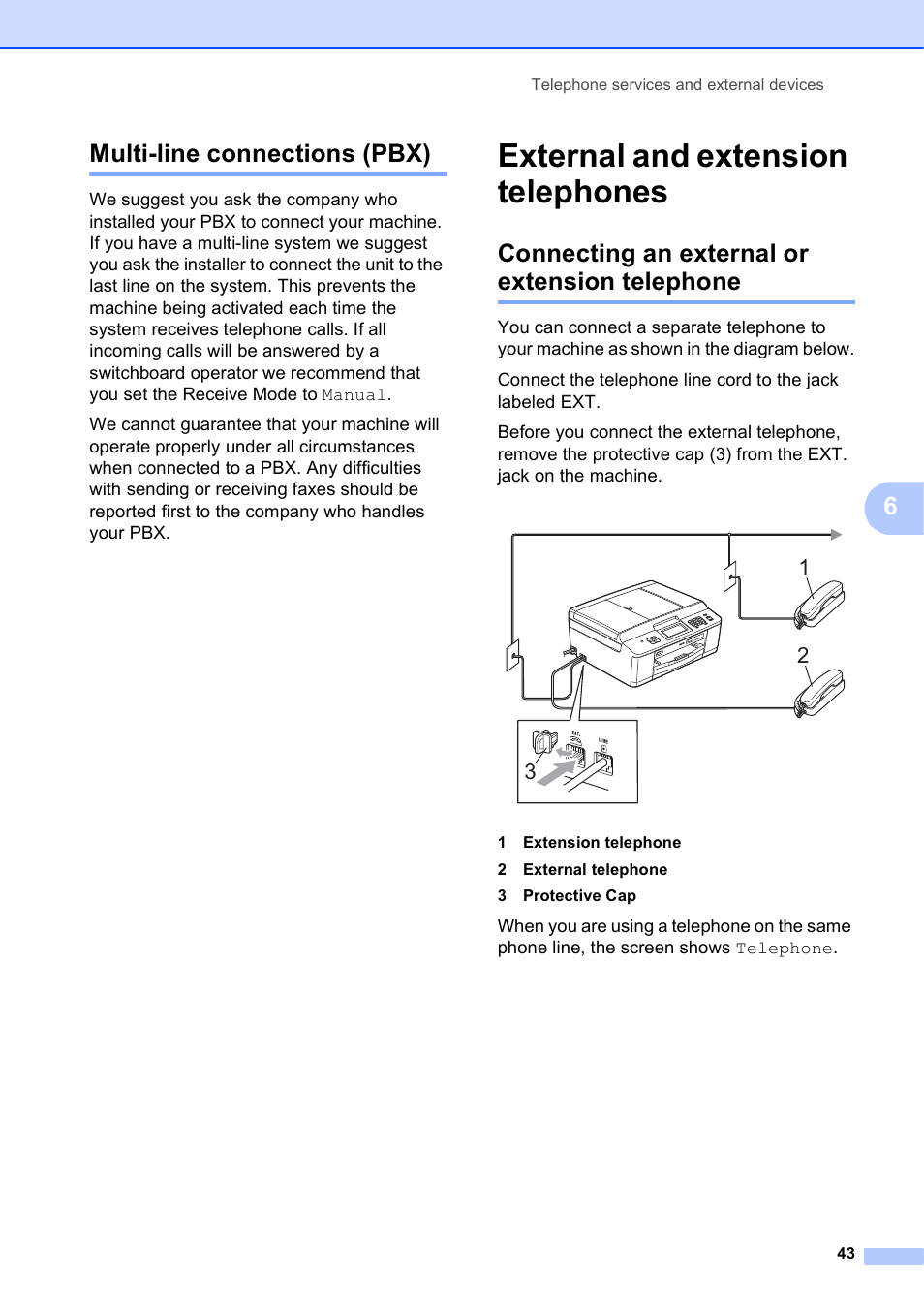 Multi-line connections (pbx), External and extension telephones, Connecting an external or extension telephone | 6multi-line connections (pbx) | Brother Fax Machine/Multi-Function Center MFC-J280W User Manual | Page 57 / 150