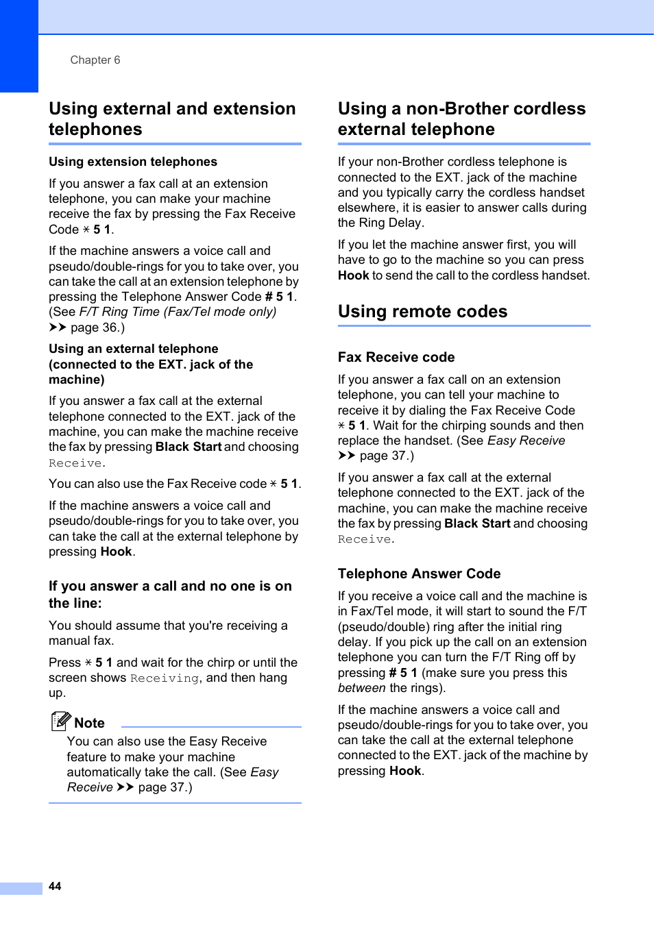 Using external and extension telephones, If you answer a call and no one is on the line, Using a non-brother cordless external telephone | Using remote codes, Fax receive code, Telephone answer code | Brother Fax Machine/Multi-Function Center MFC-J280W User Manual | Page 58 / 150