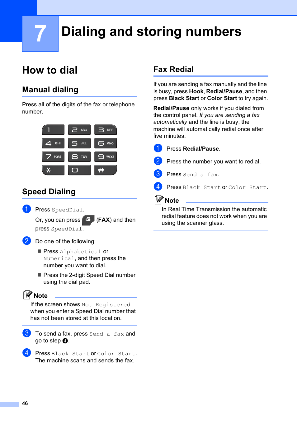 7 dialing and storing numbers, How to dial, Manual dialing | Speed dialing, Fax redial, Dialing and storing numbers, Manual dialing speed dialing fax redial | Brother Fax Machine/Multi-Function Center MFC-J280W User Manual | Page 60 / 150