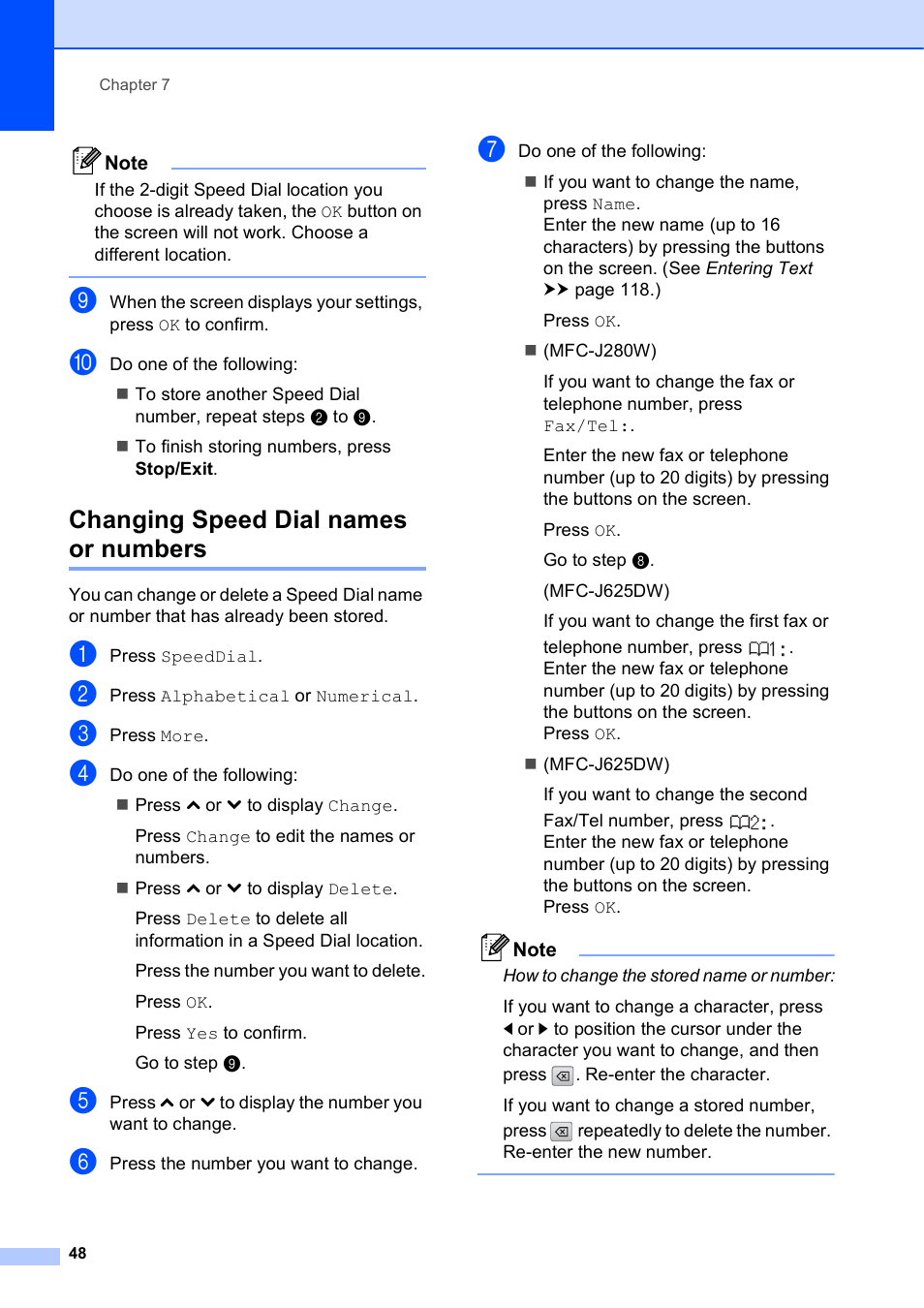 Changing speed dial names or numbers | Brother Fax Machine/Multi-Function Center MFC-J280W User Manual | Page 62 / 150