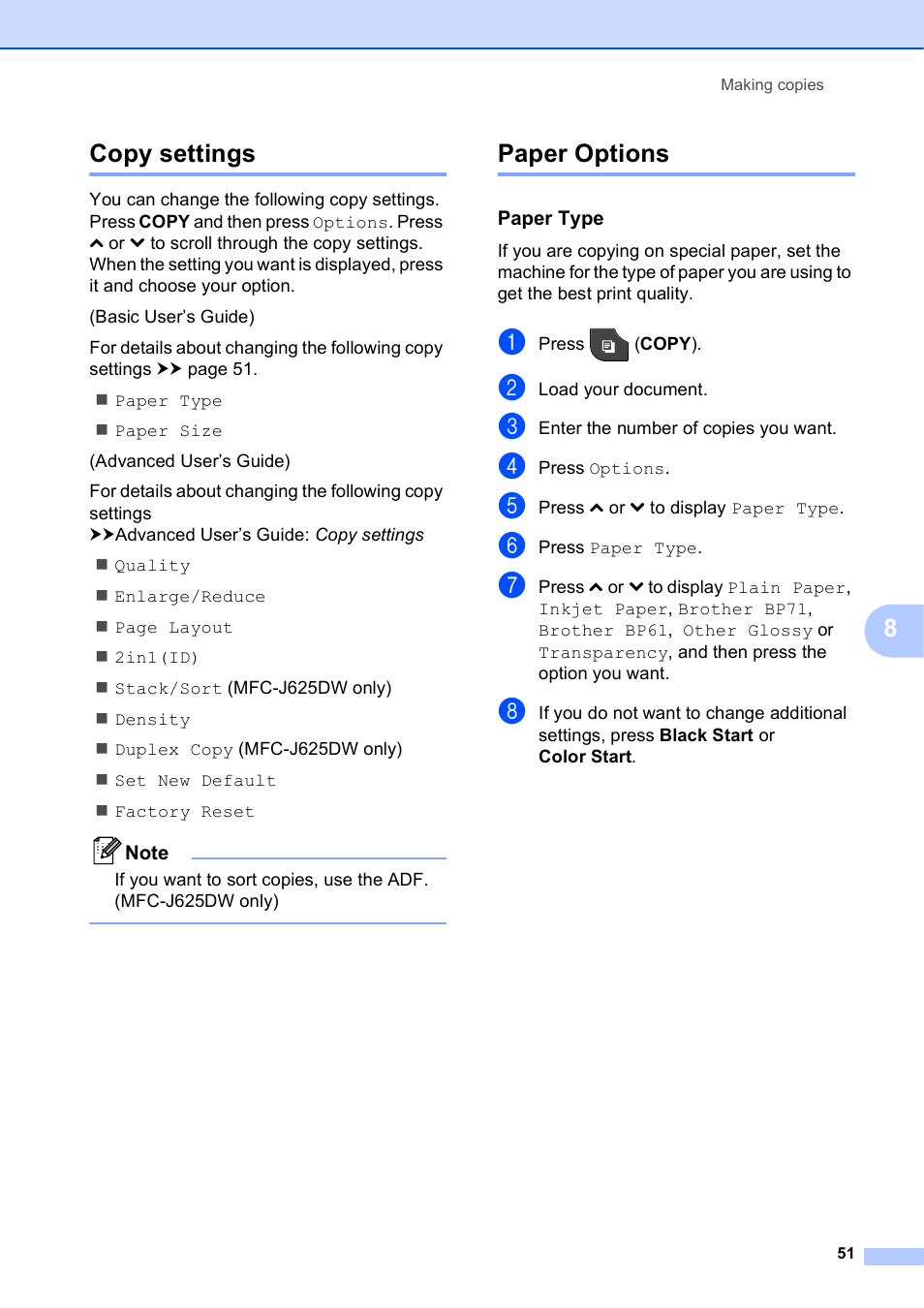Copy settings, Paper options, Paper type | Copy settings paper options, 8copy settings | Brother Fax Machine/Multi-Function Center MFC-J280W User Manual | Page 65 / 150