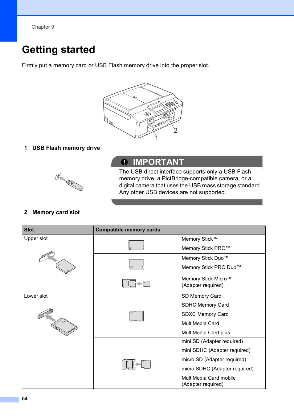 Getting started, Important | Brother Fax Machine/Multi-Function Center MFC-J280W User Manual | Page 68 / 150