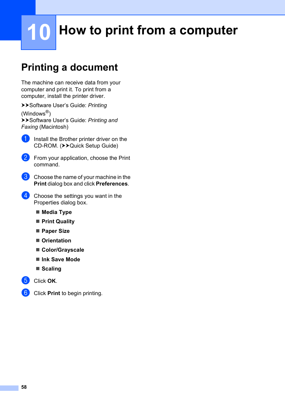 10 how to print from a computer, Printing a document, How to print from a computer | Brother Fax Machine/Multi-Function Center MFC-J280W User Manual | Page 72 / 150