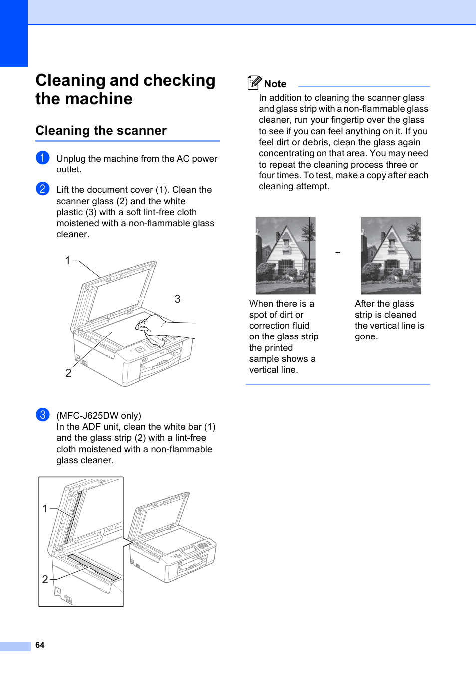 Cleaning and checking the machine, Cleaning the scanner | Brother Fax Machine/Multi-Function Center MFC-J280W User Manual | Page 78 / 150