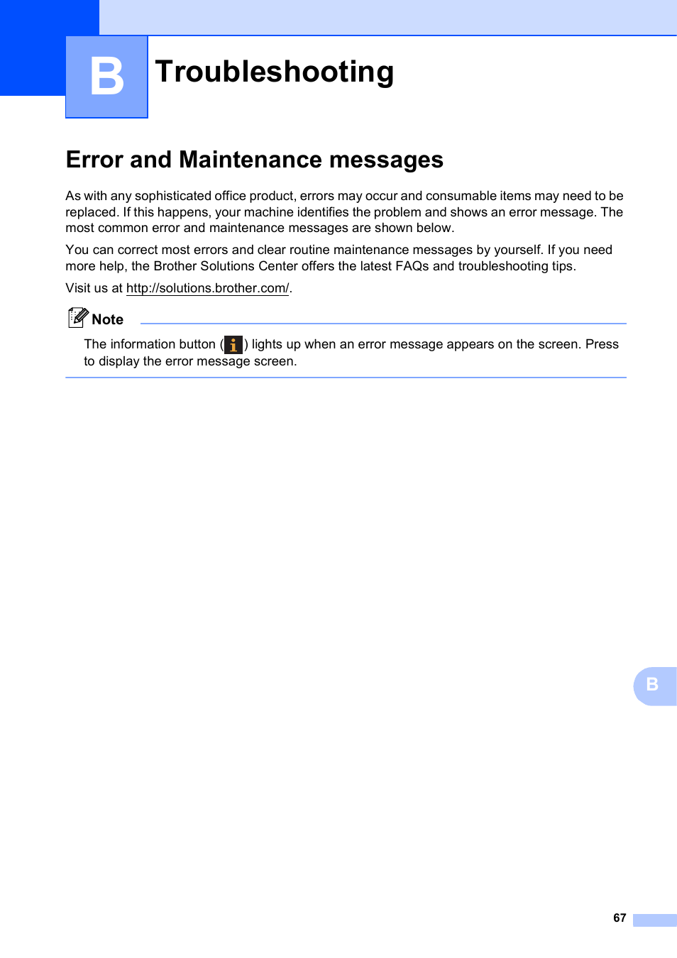 B troubleshooting, Error and maintenance messages, Troubleshooting | Brother Fax Machine/Multi-Function Center MFC-J280W User Manual | Page 81 / 150