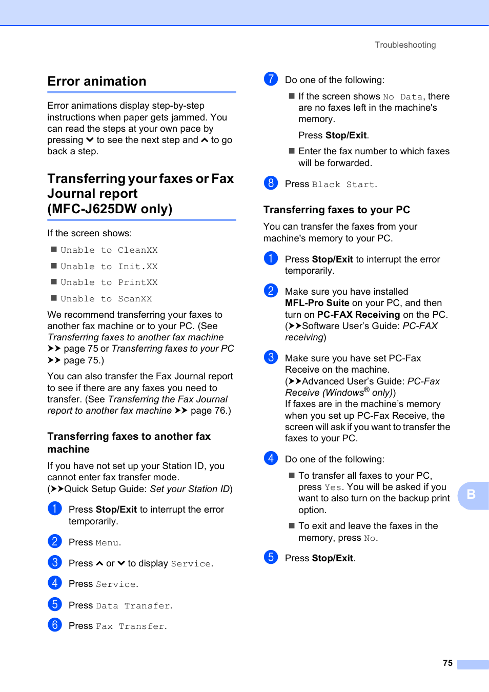 Error animation, Transferring faxes to another fax machine, Transferring faxes to your pc | Berror animation | Brother Fax Machine/Multi-Function Center MFC-J280W User Manual | Page 89 / 150
