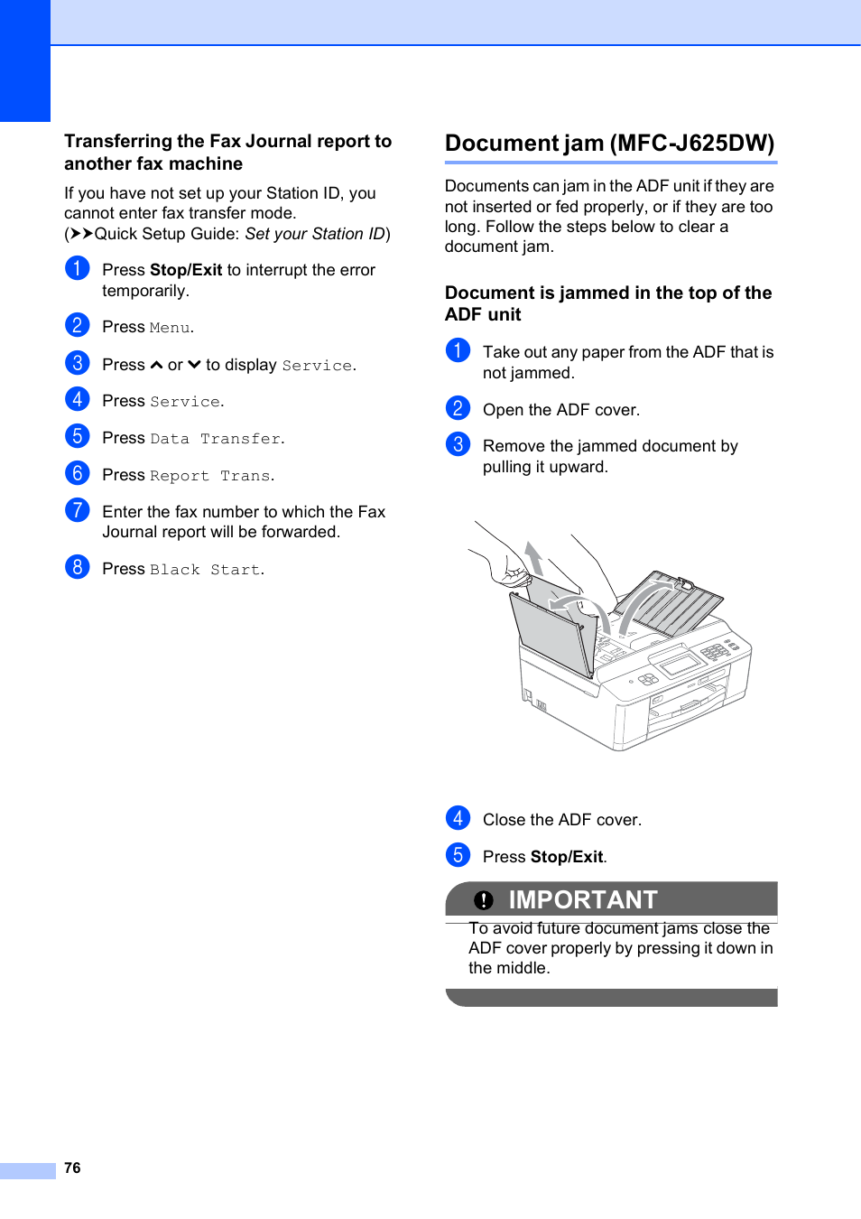 Document jam (mfc-j625dw), Document is jammed in the top of the adf unit, Document jam (mfc-j625dw) uu | Important | Brother Fax Machine/Multi-Function Center MFC-J280W User Manual | Page 90 / 150