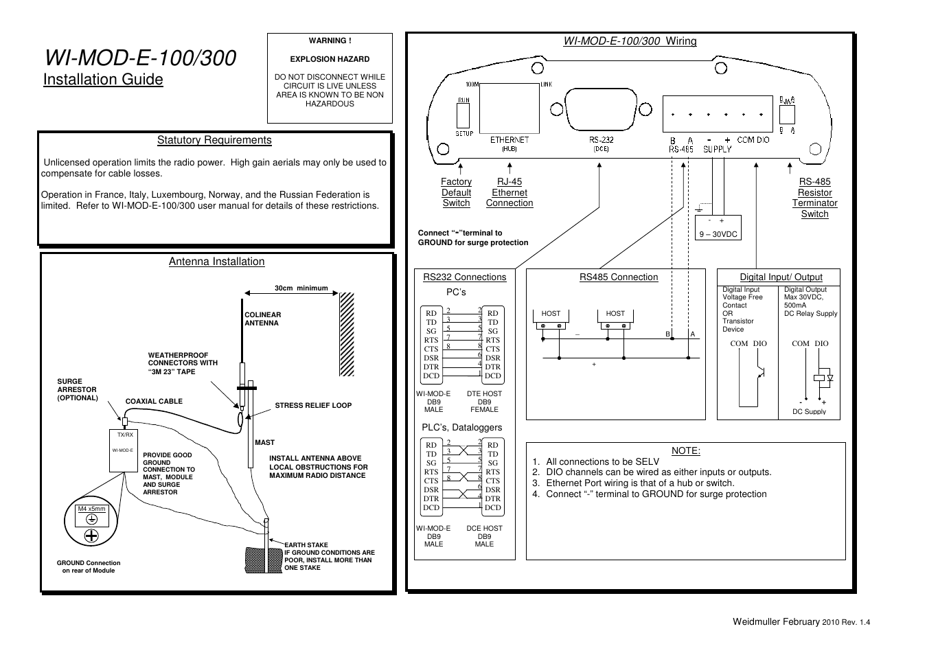 Weidmuller WI-MOD-E 100/300: Wireless Modem Ethernet 2.4GHz 100/300mW v1.4 User Manual | 1 page