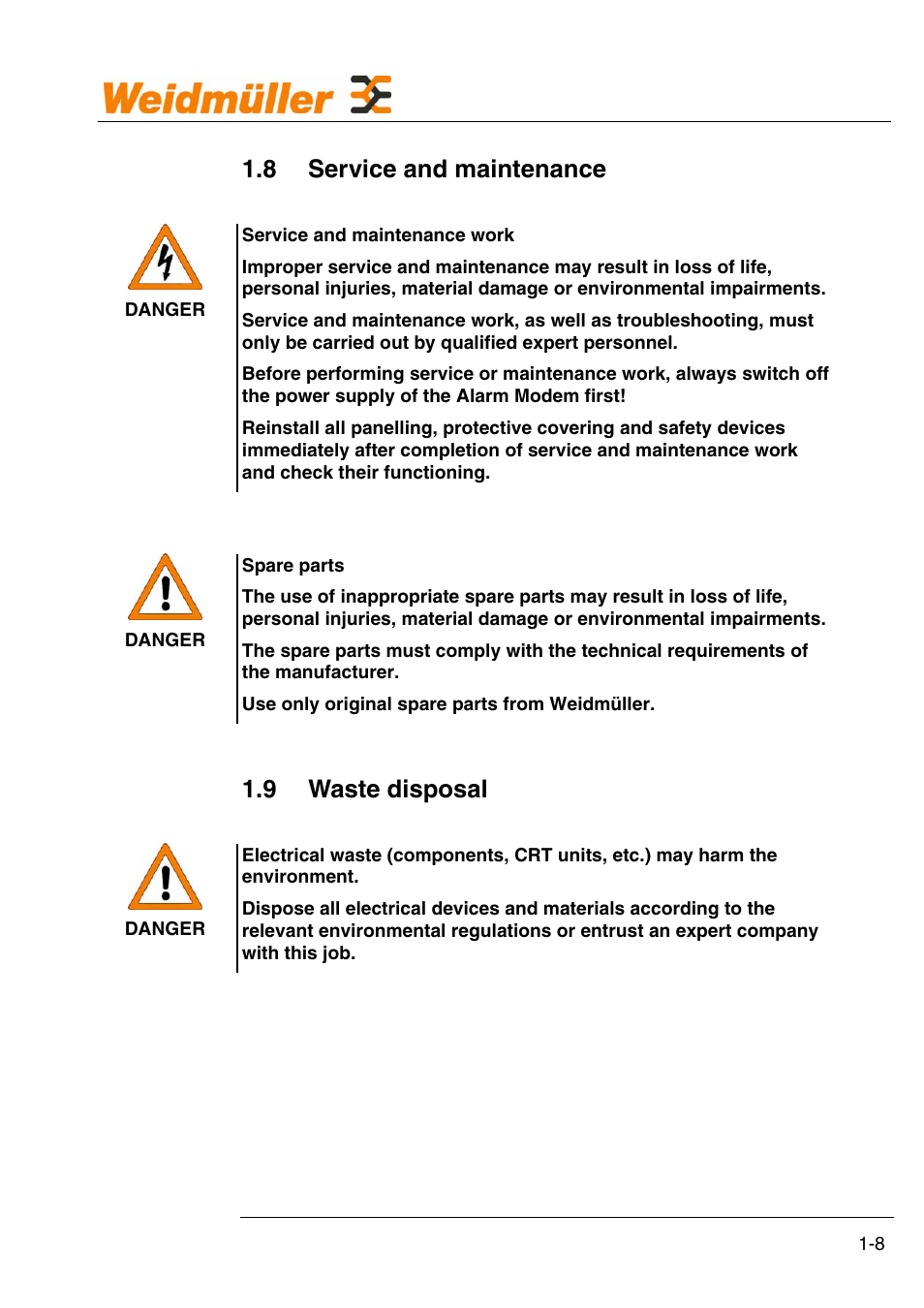 8 service and maintenance, 9 waste disposal | Weidmuller GPRS Alarm Unit User Manual | Page 10 / 94