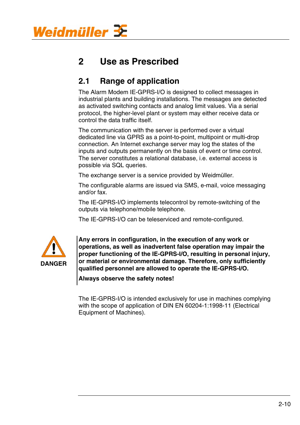 2 use as prescribed, 2use as prescribed, 1 range of application | Weidmuller GPRS Alarm Unit User Manual | Page 12 / 94