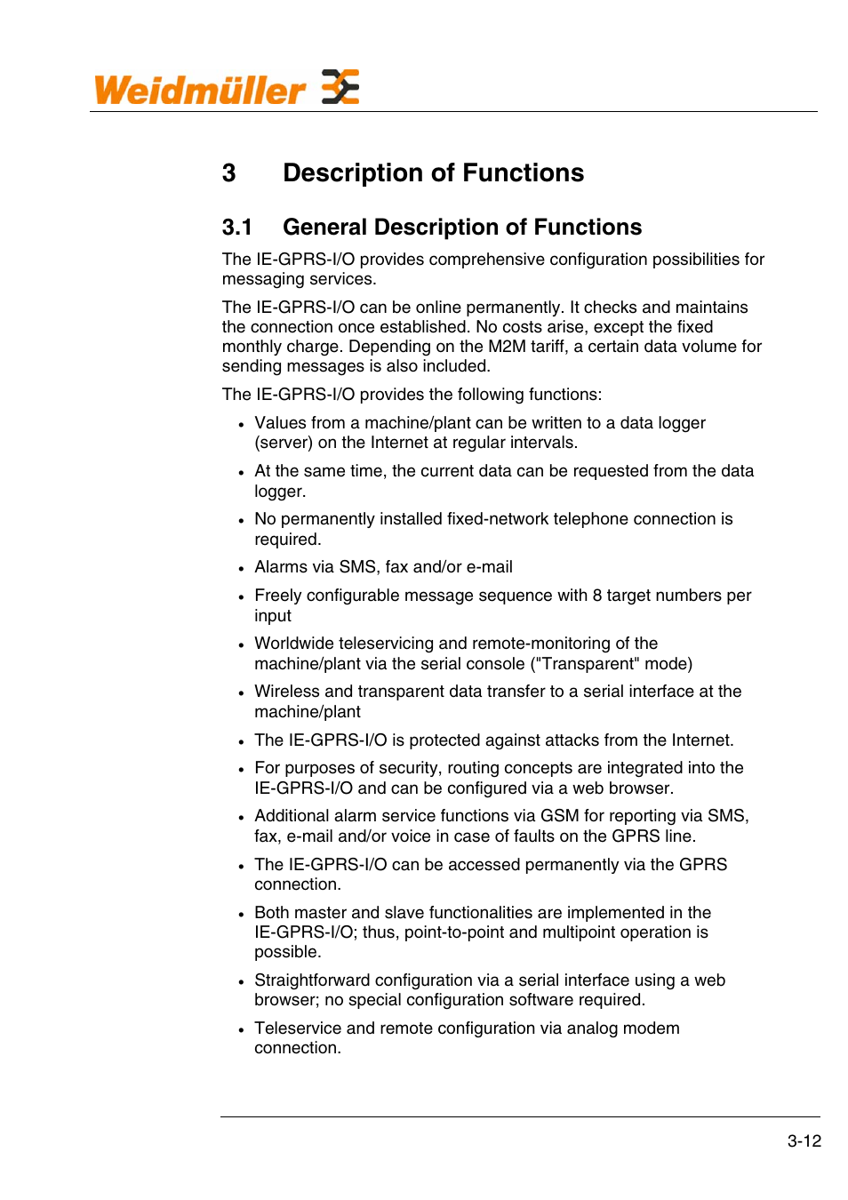 3 description of functions, 3description of functions, 1 general description of functions | Description of functions | Weidmuller GPRS Alarm Unit User Manual | Page 14 / 94
