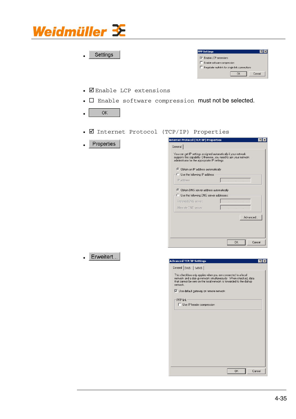 Configuration, Enable lcp extensions, Enable software compression must not be selected | Internet protocol (tcp/ip) properties | Weidmuller GPRS Alarm Unit User Manual | Page 37 / 94