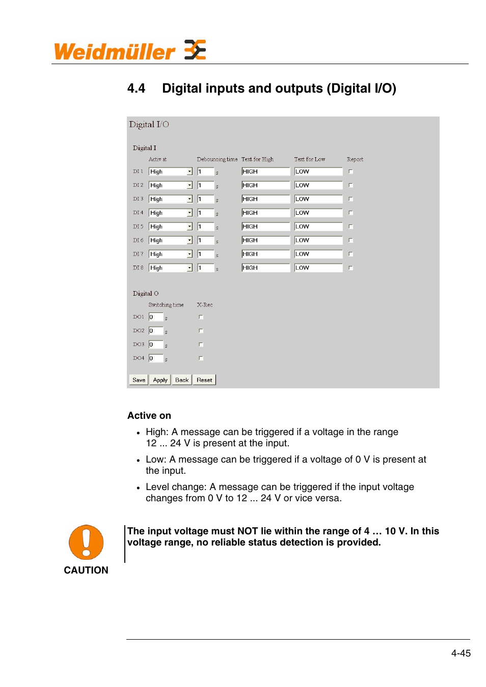 4 digital inputs and outputs (digital i/o), Configuration | Weidmuller GPRS Alarm Unit User Manual | Page 47 / 94