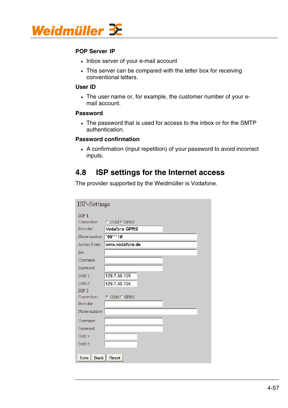 Configuration, 8 isp settings for the internet access | Weidmuller GPRS Alarm Unit User Manual | Page 59 / 94