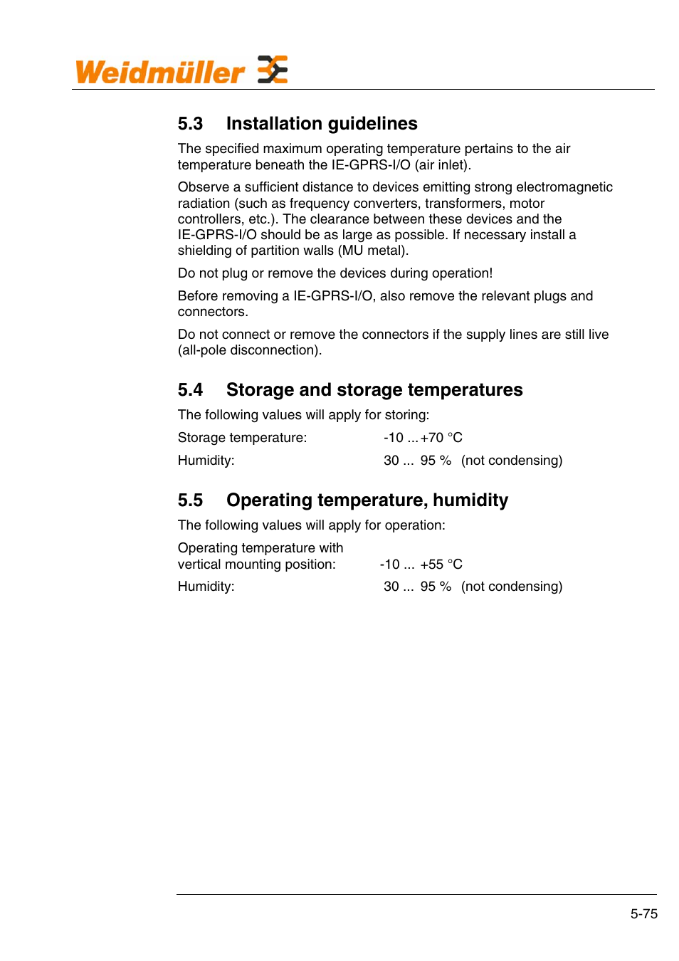 3 installation guidelines, 4 storage and storage temperatures, 5 operating temperature, humidity | Weidmuller GPRS Alarm Unit User Manual | Page 77 / 94