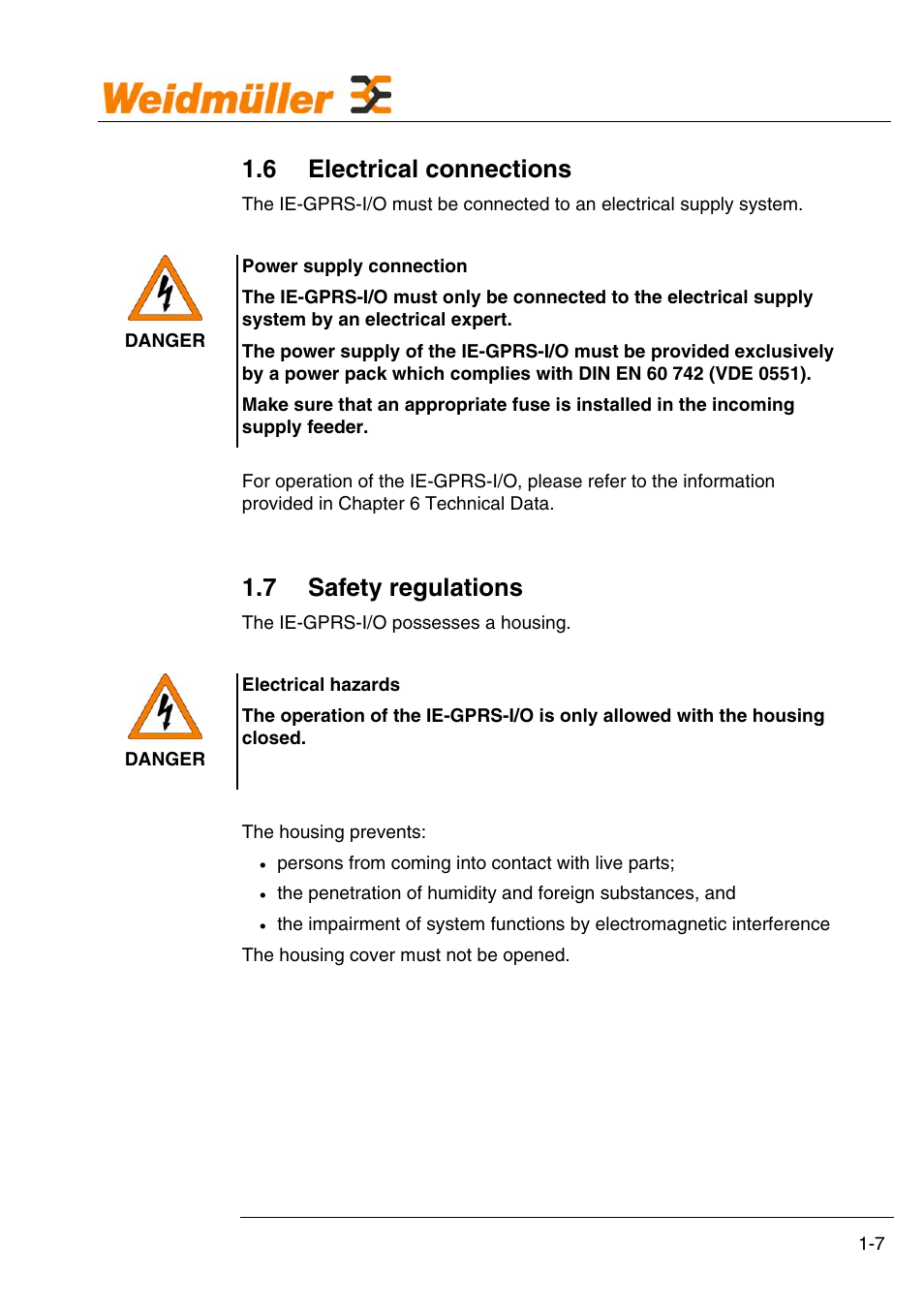 6 electrical connections, 7 safety regulations | Weidmuller GPRS Alarm Unit User Manual | Page 9 / 94