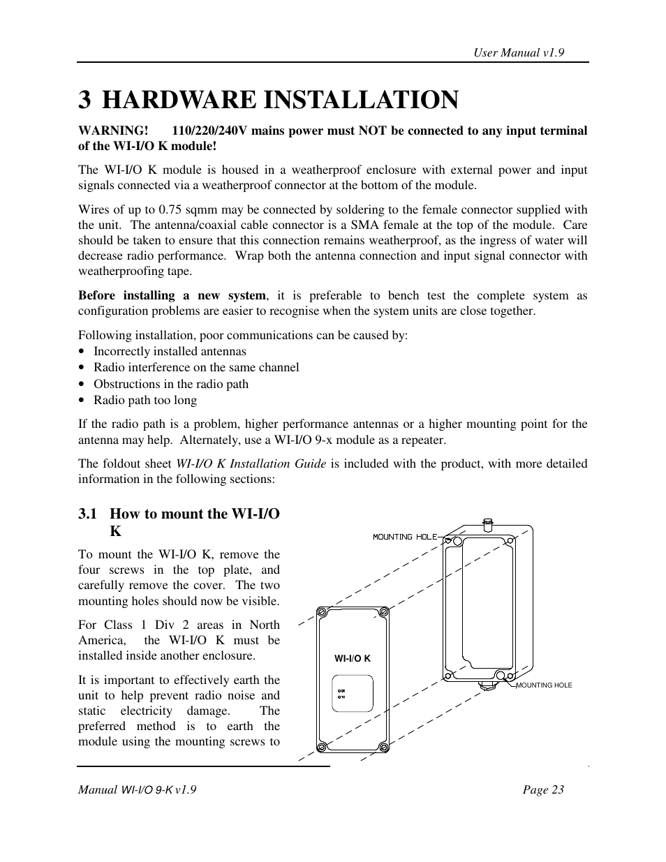 3 hardware installation, 1 how to mount the wi-i/o k | Weidmuller WI-I/O 9-K: Wireless I/O Transmitter v1.9 User Manual | Page 23 / 53