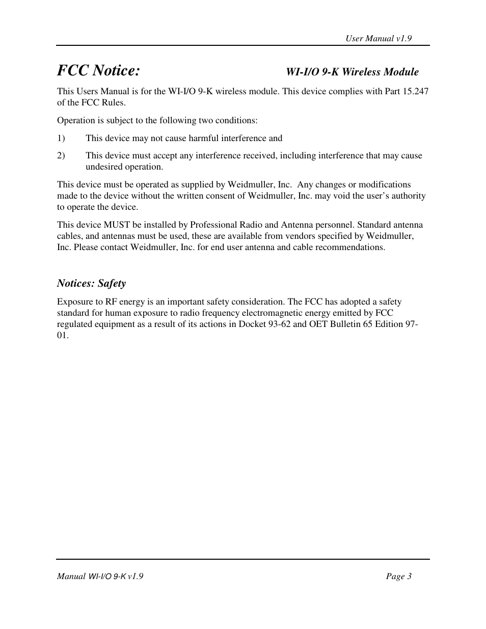 Fcc notice | Weidmuller WI-I/O 9-K: Wireless I/O Transmitter v1.9 User Manual | Page 3 / 53