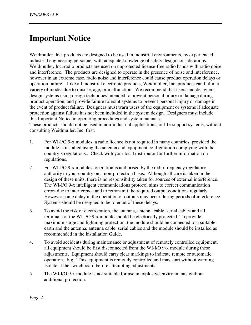 Important notice | Weidmuller WI-I/O 9-K: Wireless I/O Transmitter v1.9 User Manual | Page 4 / 53