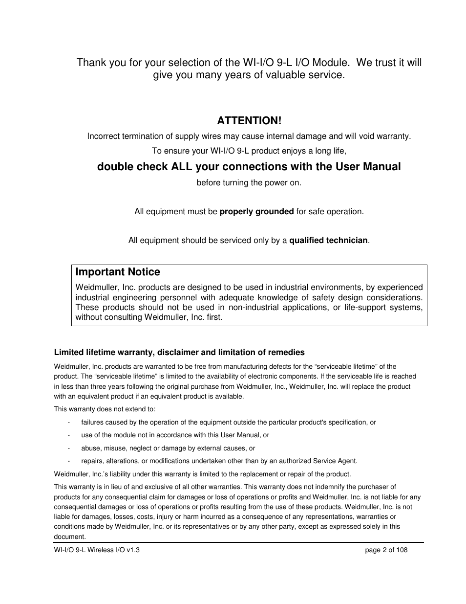 Attention, Important notice | Weidmuller WI-I/O 9-L: Wireless I/O Transmitter / Receiver v1.3 User Manual | Page 2 / 108