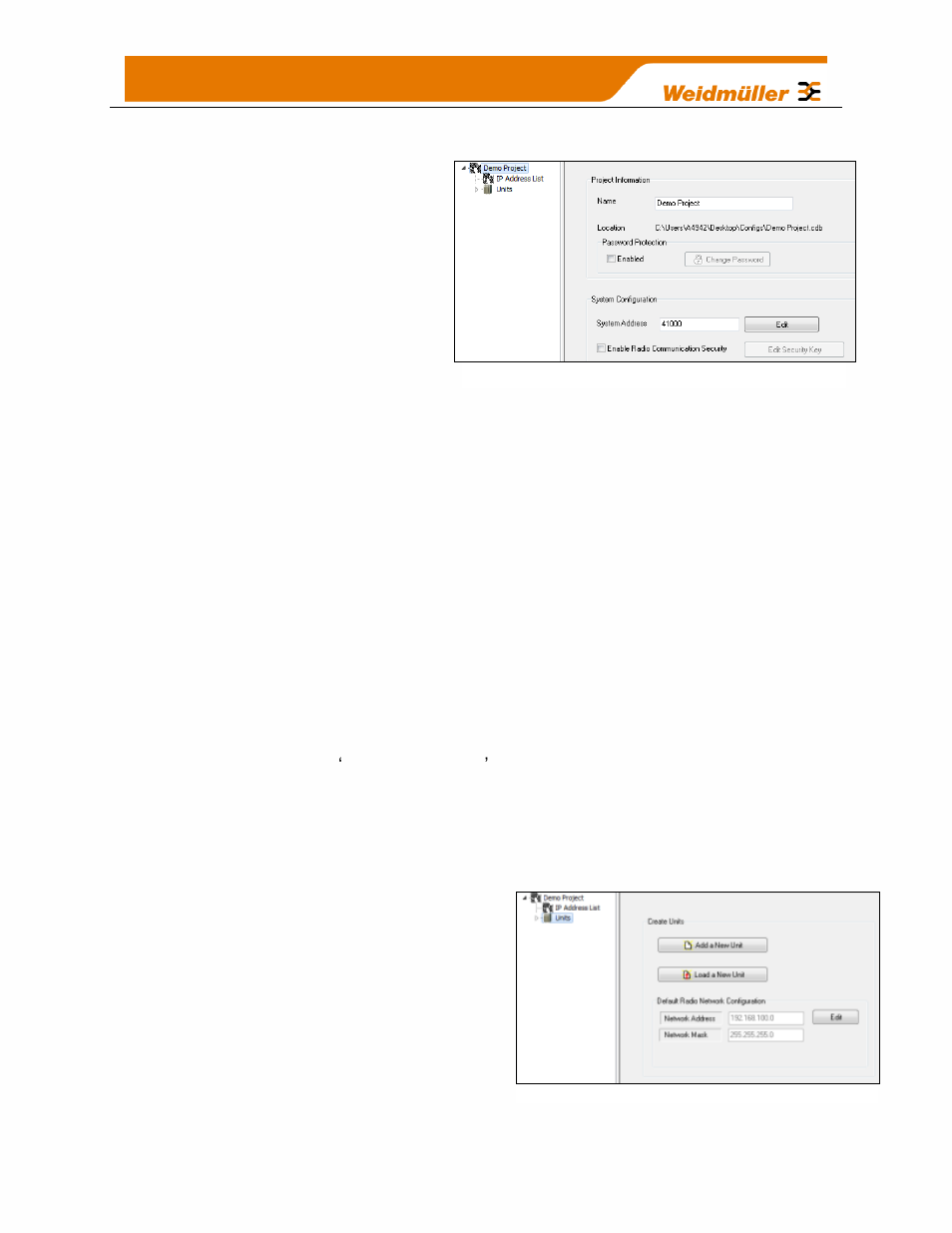 3 project screen, Project information, Password protection | System configuration, Radio communication security, 4 adding units, Create units | Weidmuller WI-I/O-9-U2: Wireless Mesh I/O & Gateway User Manual V1.2.2 User Manual | Page 54 / 126