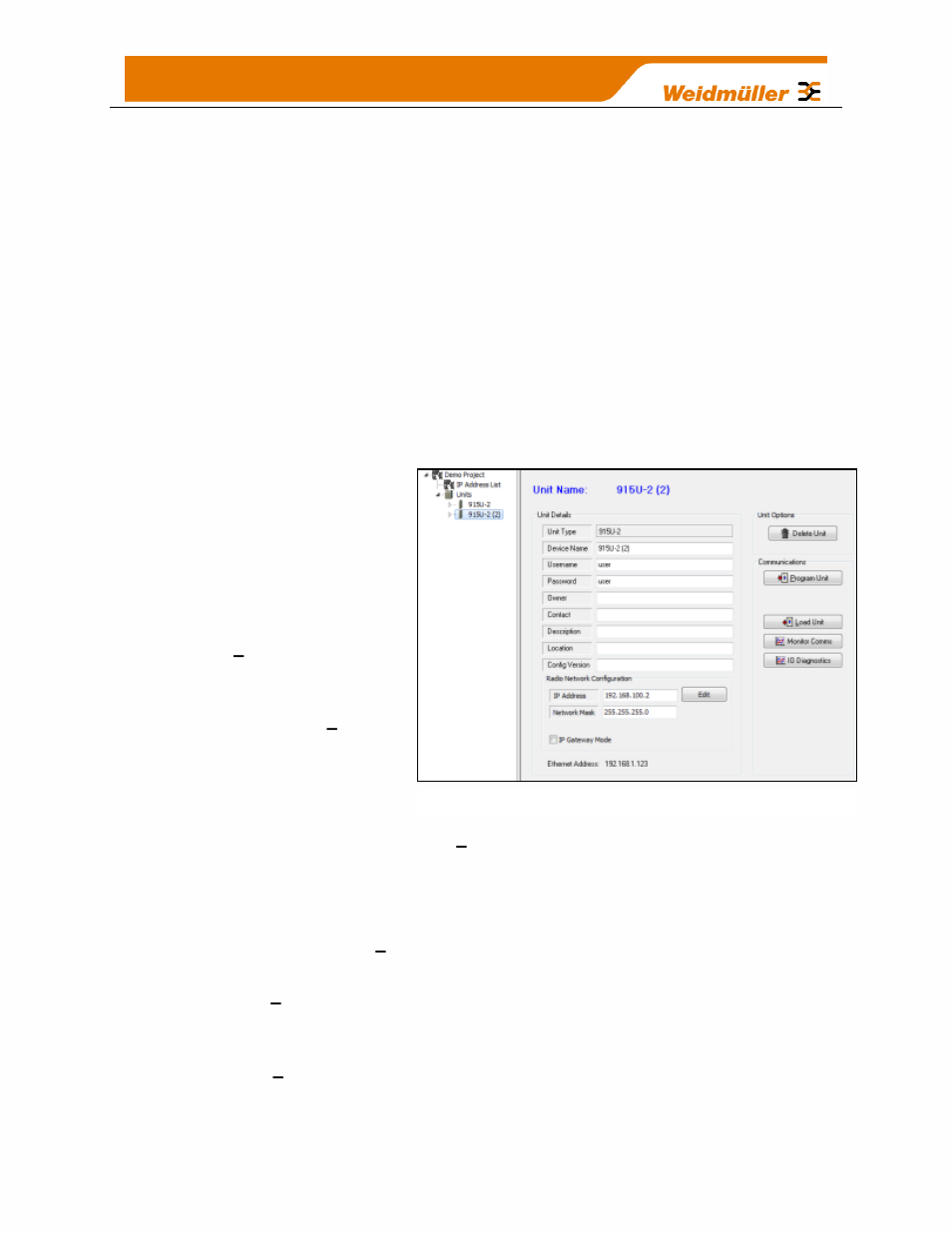 Default radio network configuration, Unit details | Weidmuller WI-I/O-9-U2: Wireless Mesh I/O & Gateway User Manual V1.2.2 User Manual | Page 55 / 126