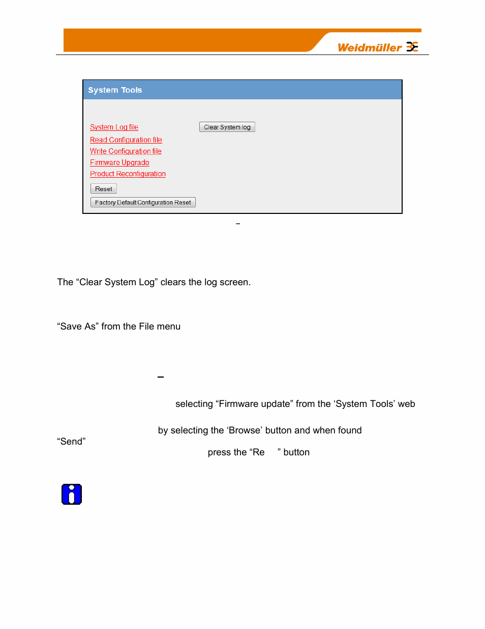 System log file, Reading configuration file, Writing configuration file | Firmware upgrade, Figure 73, System tools, 7 system tools web page | Weidmuller WI-I/O-9-U2: Wireless Mesh I/O & Gateway User Manual V1.2.2 User Manual | Page 87 / 126