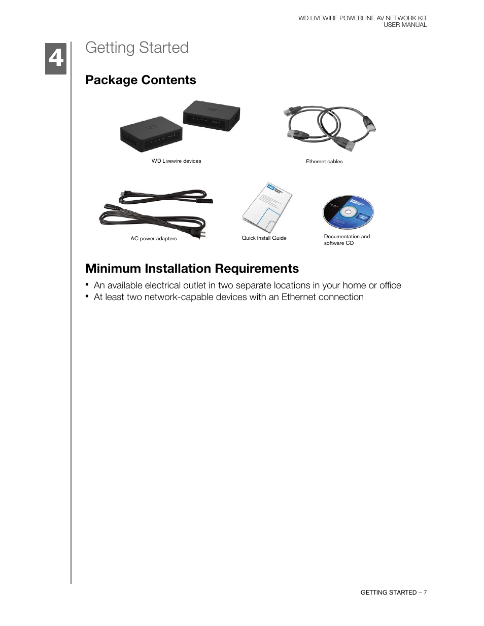 Getting started, Package contents, Minimum installation requirements | Package contents minimum installation requirements | Western Digital WD Livewire Powerline AV Network Kit User Manual User Manual | Page 10 / 26