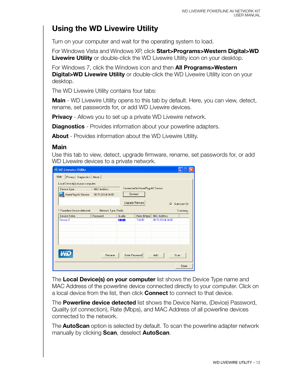 Main, Using the wd livewire utility | Western Digital WD Livewire Powerline AV Network Kit User Manual User Manual | Page 15 / 26