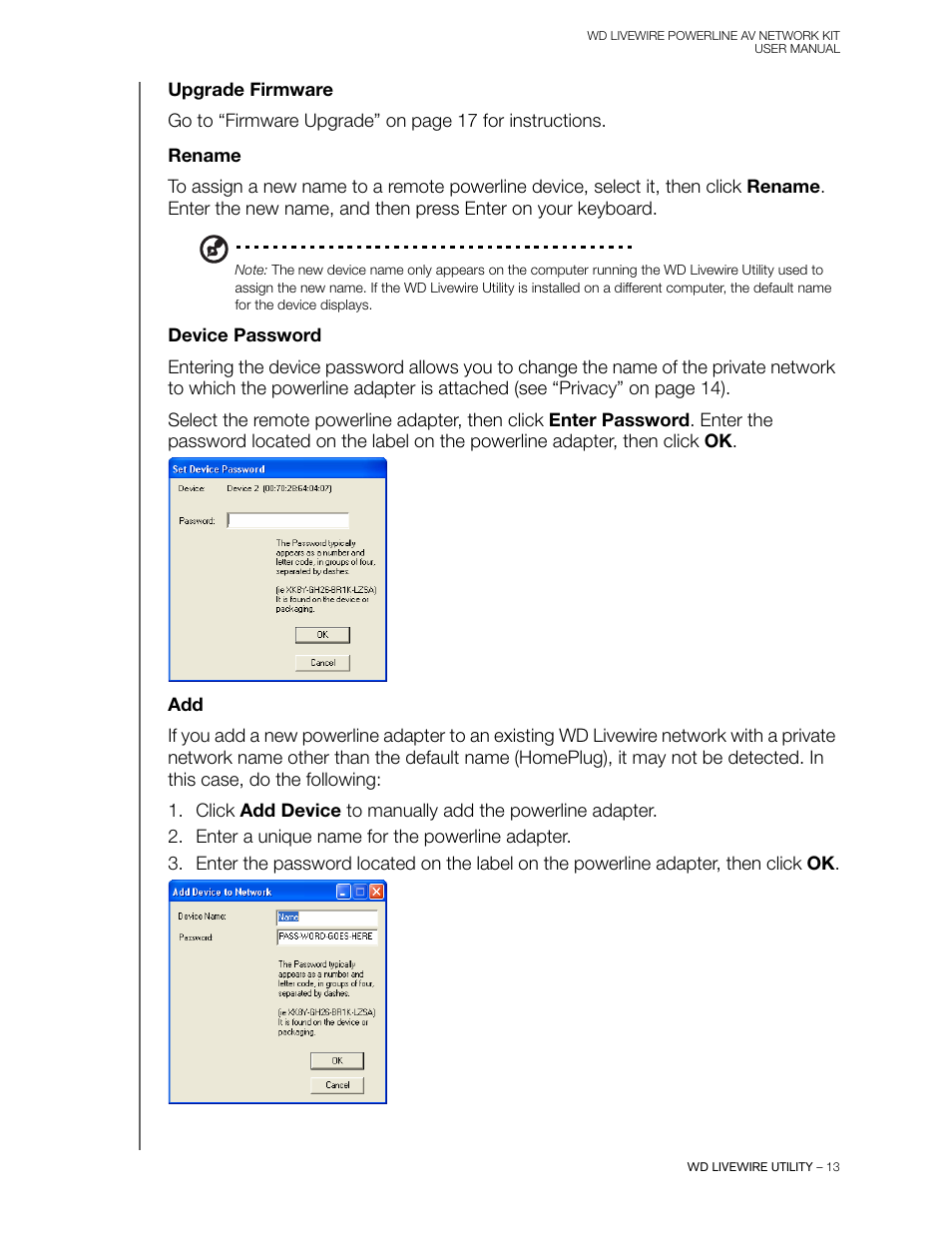 Upgrade firmware, Rename, Device password | Western Digital WD Livewire Powerline AV Network Kit User Manual User Manual | Page 16 / 26