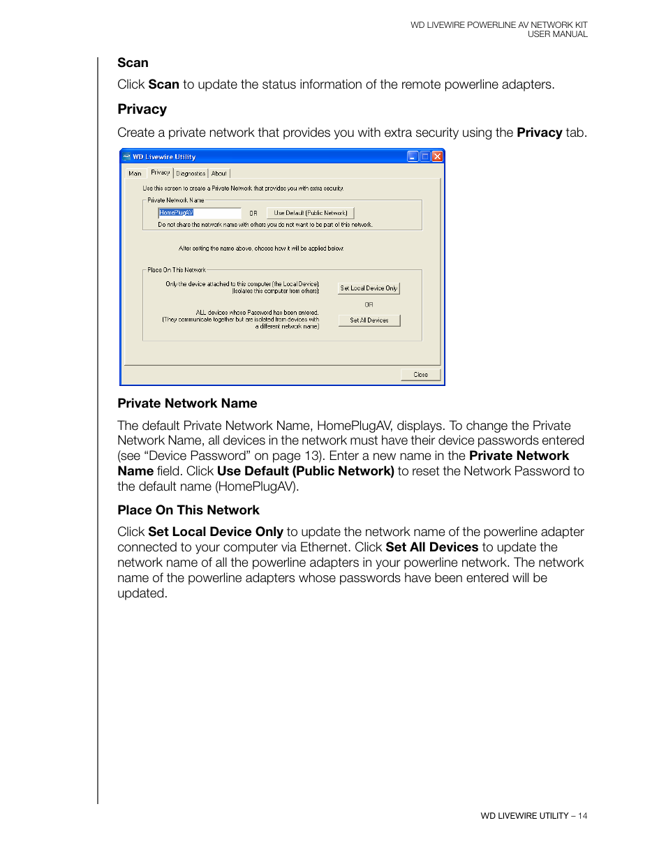 Scan, Privacy, Private network name | Place on this network | Western Digital WD Livewire Powerline AV Network Kit User Manual User Manual | Page 17 / 26