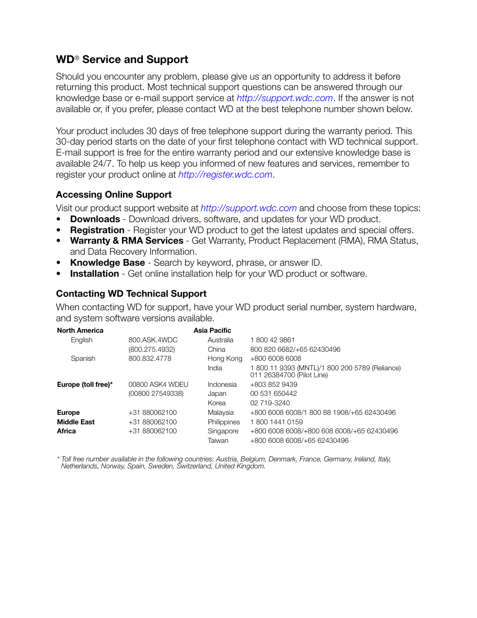 Wd® service and support, Accessing online support, Contacting wd technical support | Service and support | Western Digital WD Livewire Powerline AV Network Kit User Manual User Manual | Page 2 / 26