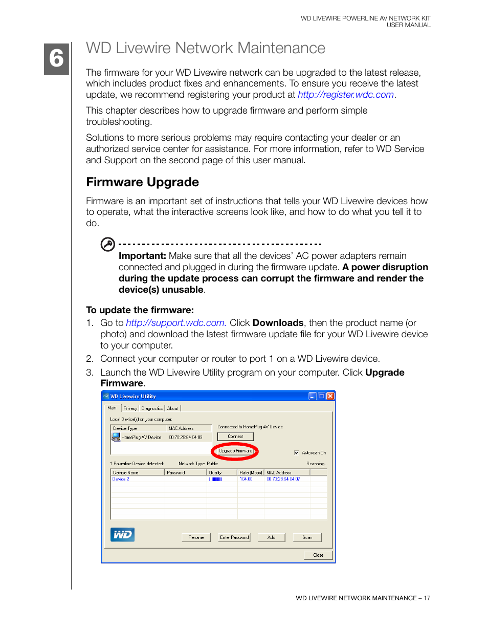 Wd livewire network maintenance, Firmware upgrade | Western Digital WD Livewire Powerline AV Network Kit User Manual User Manual | Page 20 / 26