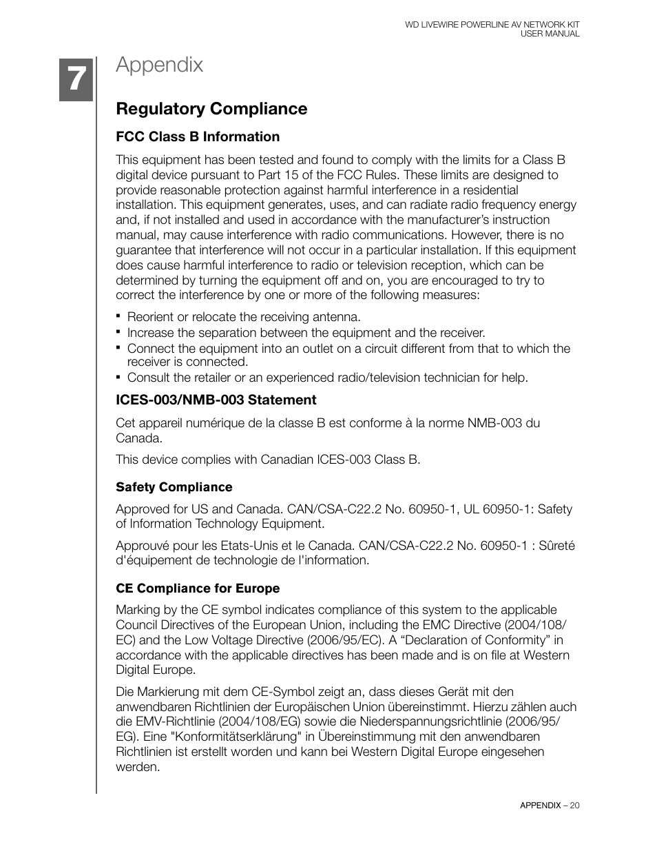 Appendix, Regulatory compliance, Fcc class b information | Ices-003/nmb-003 statement | Western Digital WD Livewire Powerline AV Network Kit User Manual User Manual | Page 23 / 26