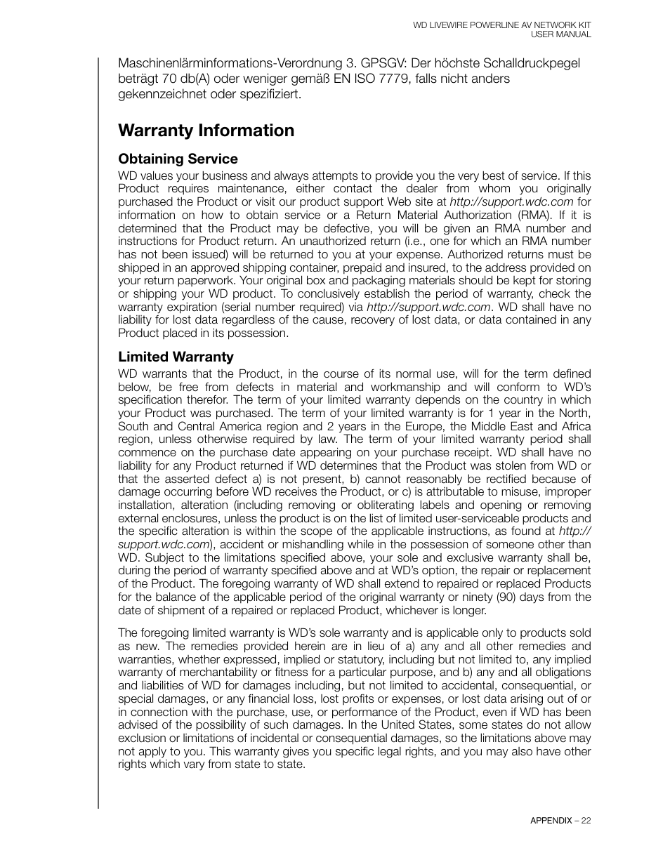 Warranty information, Obtaining service, Limited warranty | Western Digital WD Livewire Powerline AV Network Kit User Manual User Manual | Page 25 / 26