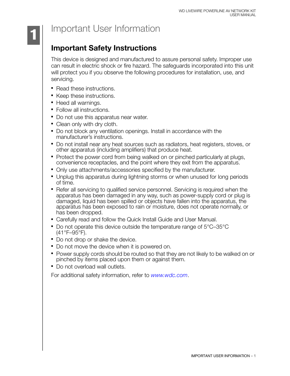 Important user information, Important safety instructions | Western Digital WD Livewire Powerline AV Network Kit User Manual User Manual | Page 4 / 26
