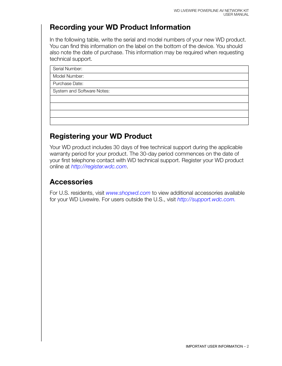 Registering your wd product, Accessories, Recording your wd product information | Western Digital WD Livewire Powerline AV Network Kit User Manual User Manual | Page 5 / 26