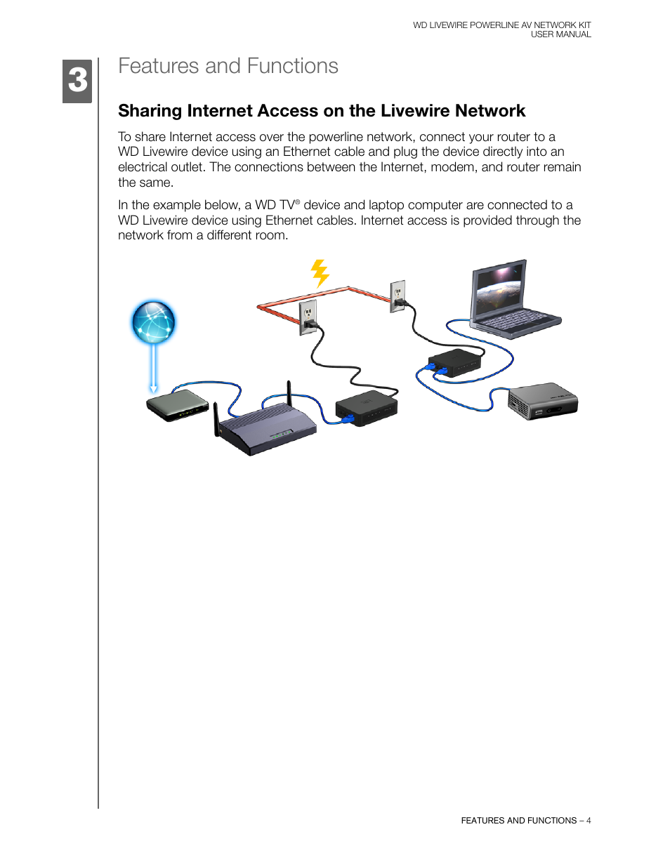 Features and functions, Sharing internet access on the livewire network | Western Digital WD Livewire Powerline AV Network Kit User Manual User Manual | Page 7 / 26