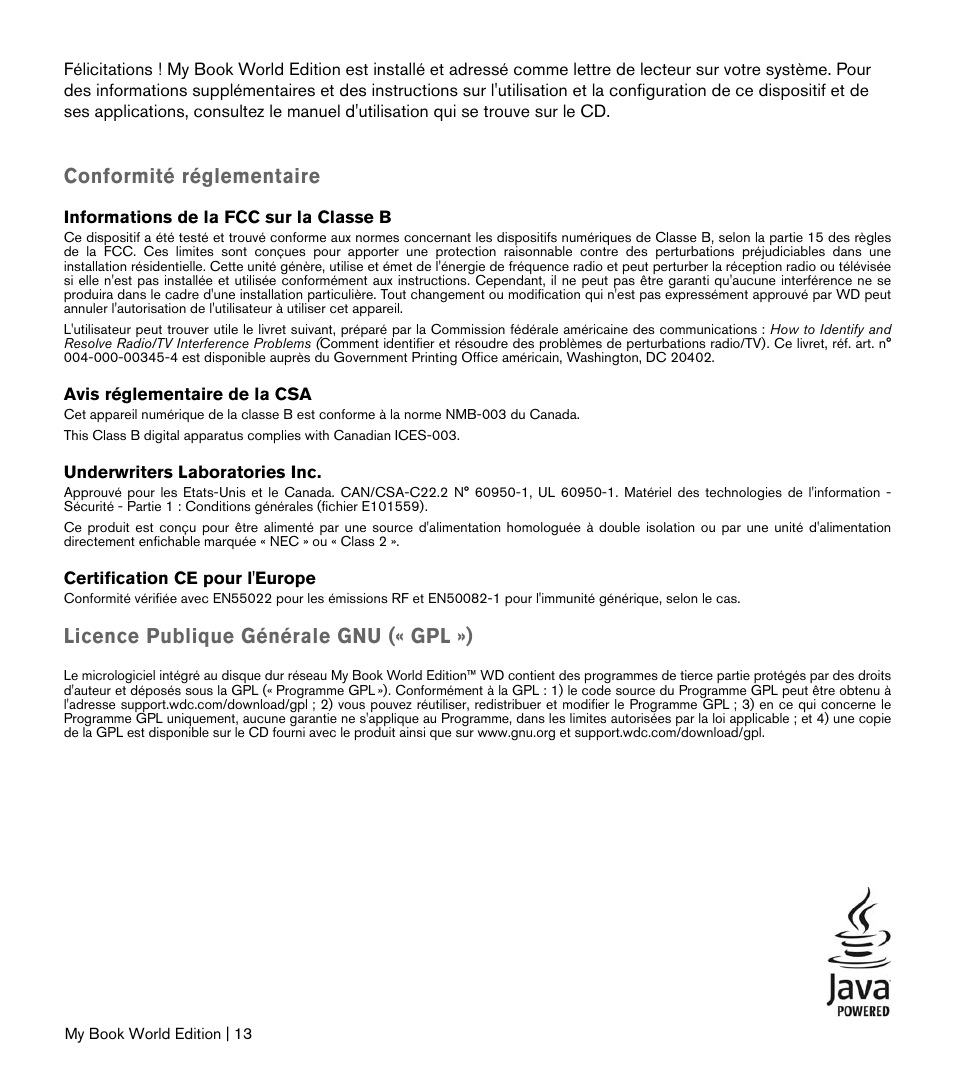 Conformité réglementaire, Licence publique générale gnu (« gpl ») | Western Digital My Book World Edition II (blue rings) Quick Install Guide User Manual | Page 14 / 29