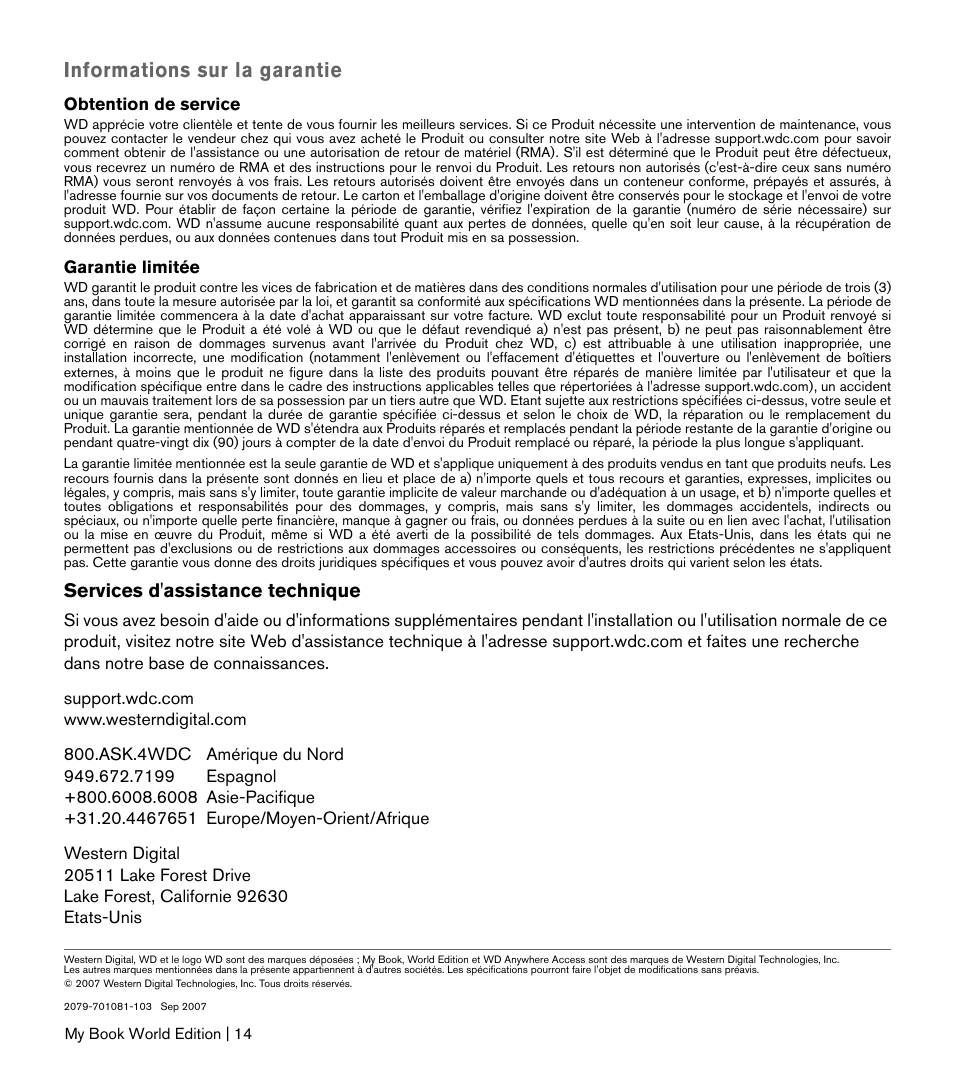 Informations sur la garantie | Western Digital My Book World Edition II (blue rings) Quick Install Guide User Manual | Page 15 / 29