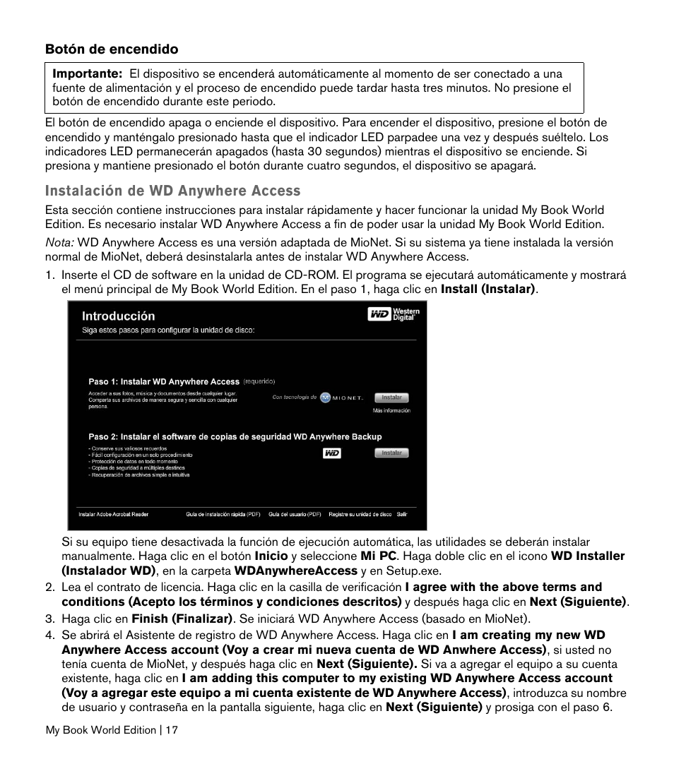 Instalación de wd anywhere access | Western Digital My Book World Edition II (blue rings) Quick Install Guide User Manual | Page 18 / 29