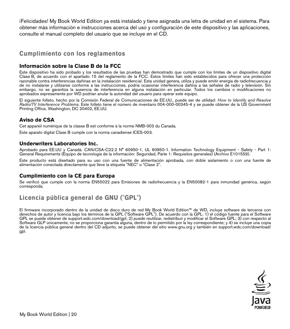 Cumplimiento con los reglamentos, Licencia pública general de gnu ("gpl") | Western Digital My Book World Edition II (blue rings) Quick Install Guide User Manual | Page 21 / 29