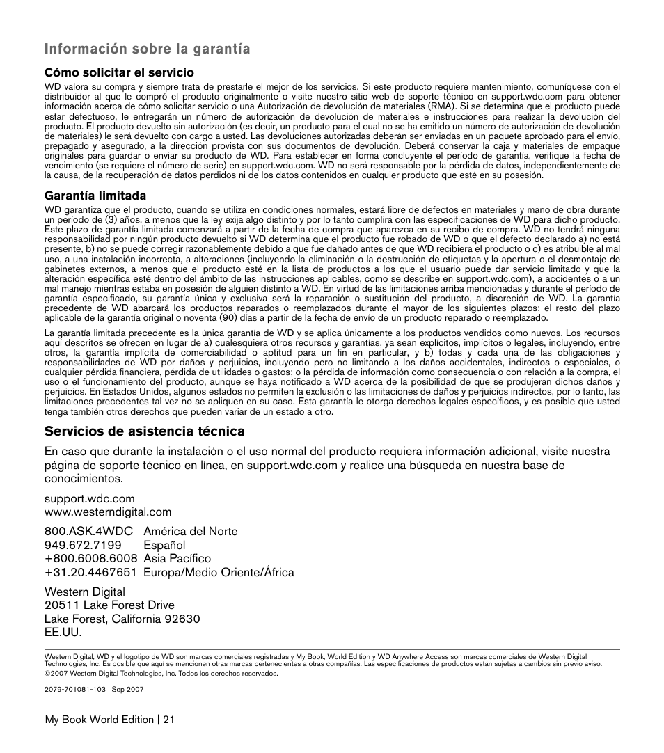 Información sobre la garantía | Western Digital My Book World Edition II (blue rings) Quick Install Guide User Manual | Page 22 / 29